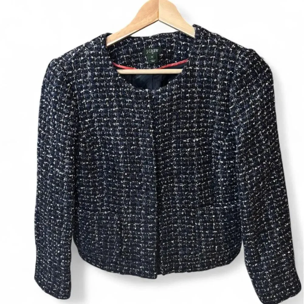 J. Crew Navy Blue Tweed Lady Jacket Collarless Cropped Blazer Size 8